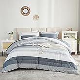 Litanika Comforter King Size Bed Set Light Grey - 3 Pieces Lightweight Bedding Comforter Sets Gray White Colorblock Stripe Fluffy All Season Bed Set