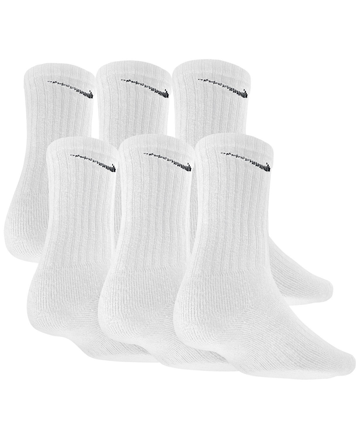 NIKE Dri-Fit Classic Cushioned Crew Socks 6 PAIR White with Black Swoosh Logo) LARGE 8-12