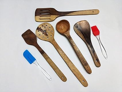 Kitchen Delli Wooden Handcrafted Cooking Spoons Spatula with Silicon Spatula Brush Set (WOODEN) - Set of 5