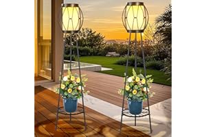 FQIIL 2 Pack Solar Lights Outdoor with Plant Stands, Solar Floor Lamps, Black Metal Tripod Deck Lights, Patio Decor for Garden Yard Pathway Driveway Porch