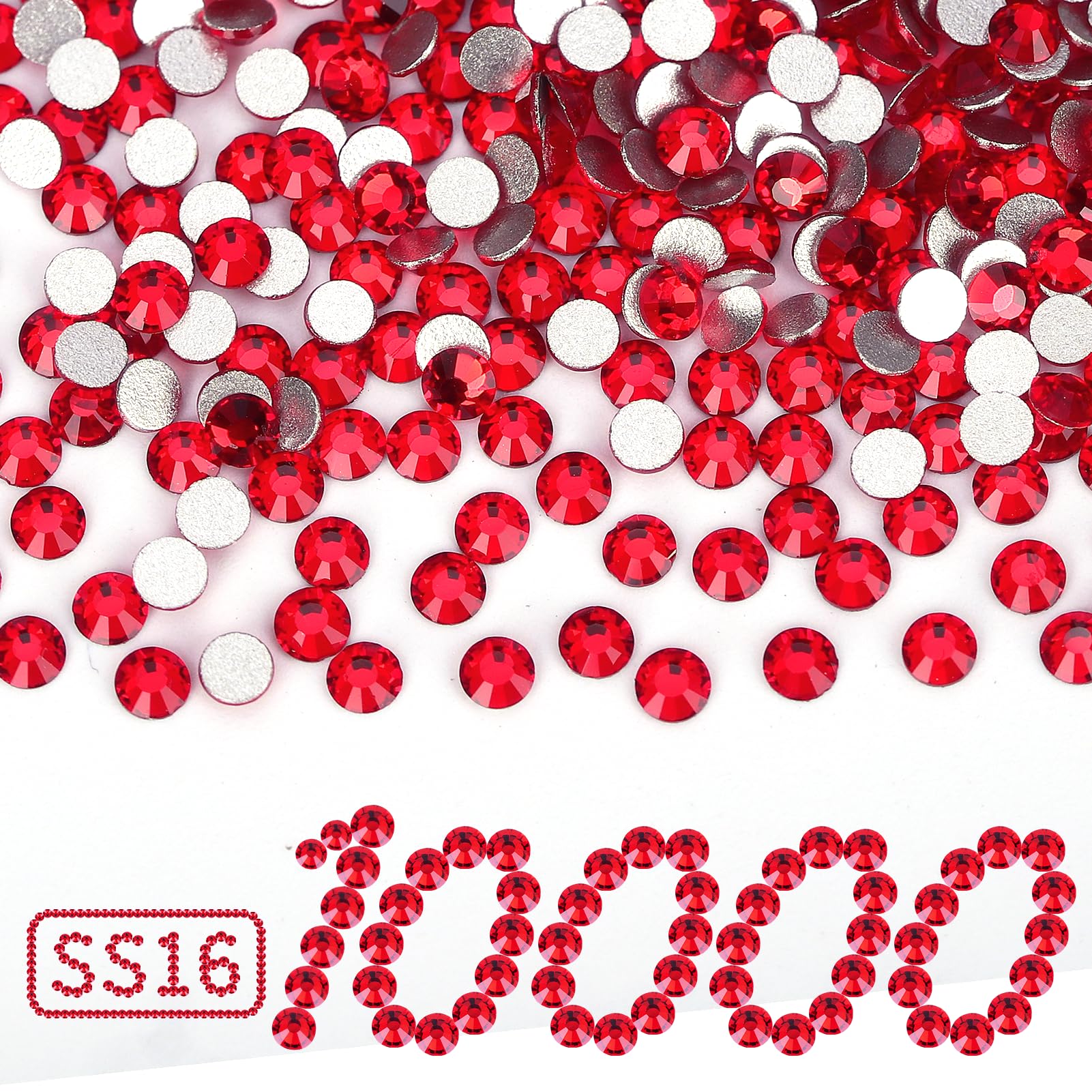Photo 1 of 10000PCS Red Rhinestones Bulk, Flat Back Crystal Glass Stone Round Gems,SS16, 3.8-4.0mm