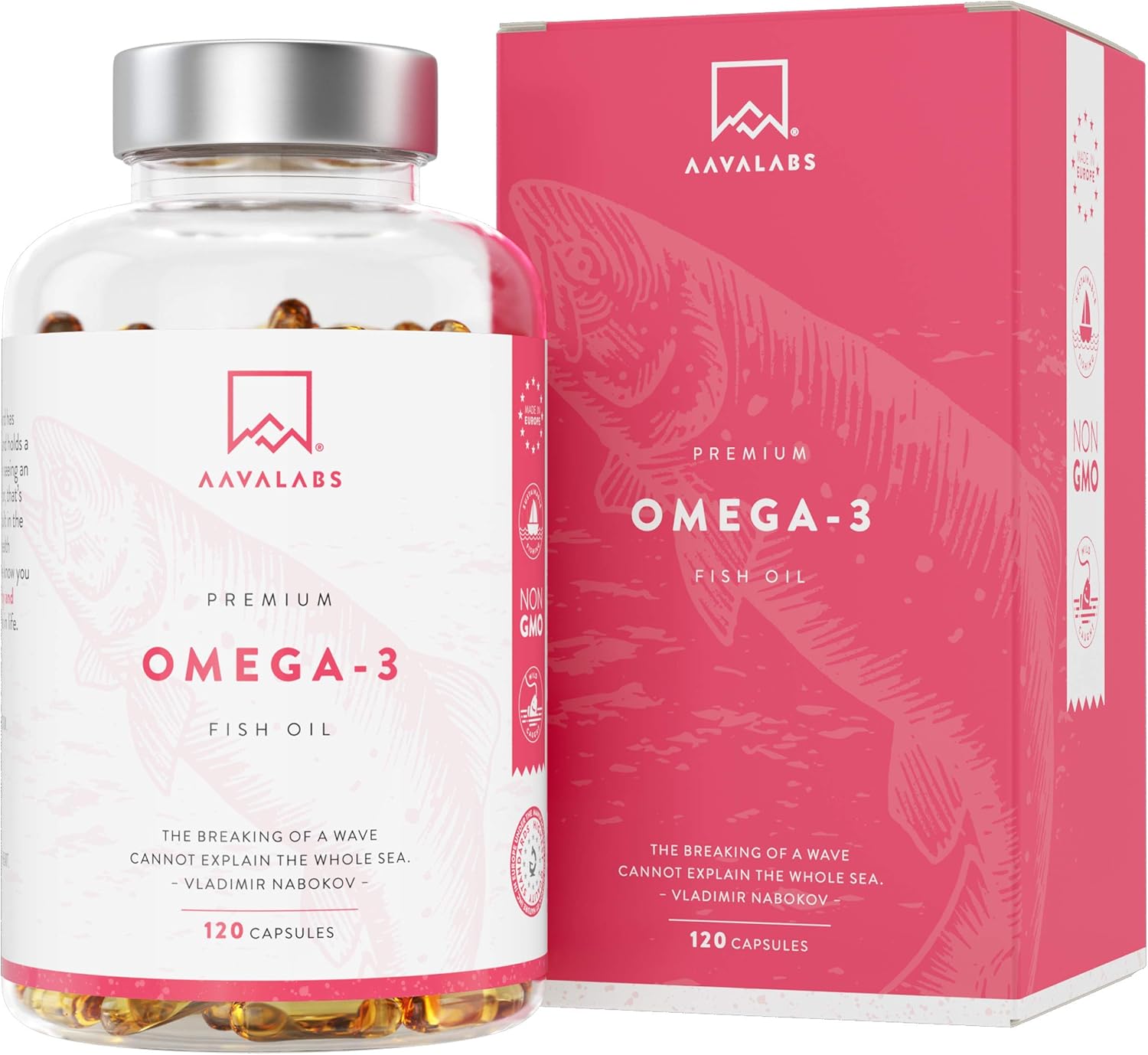 Omega 3 de aceite de pescado [ 2000 mg ] de Aava Labs - Gran potencia - Destilado molecularmente para una mayor pureza y frescura - 800 mg de EPA y 400 mg de DHA por dosis - 120 cápsulas blandas.