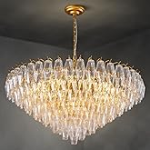 AUDOSY 37" Extra Large Chandelier, 14-Light Clear Modern Round Chandelier for Living Room, Tiered Smoke Blown Glass Brass Cha