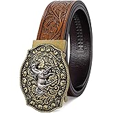SANSTHS Western Cowboy Ratchet Belts for Men Women Leather Cowboy Belt with Automatic Western Buckle for Christmas Gifts