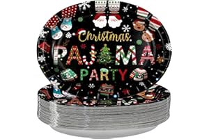 GRENCIAN 50Pcs Christmas Pajama Oval Paper Plates 10" x 12" Large Disposable Heavy Duty Black Merry Xmas Tree Santa Sweater Plates Funny Christmas Platters for Happy Winter Birthday Holiday Party Decorations