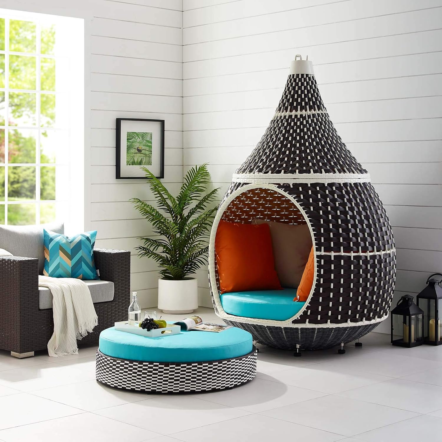 Amazon Com Modway Palace Wicker Rattan Aluminum Outdoor Patio Hanging Swing Lounge Pod With Cushions In Brown Turquoise Garden Outdoor
