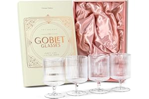 GLASSIQUE CADEAU Vintage Art Deco Ribbed Goblet Cocktail Glasses with Stem | Set of 4 | 10 oz Short Stemmed Crystal Tumblers 