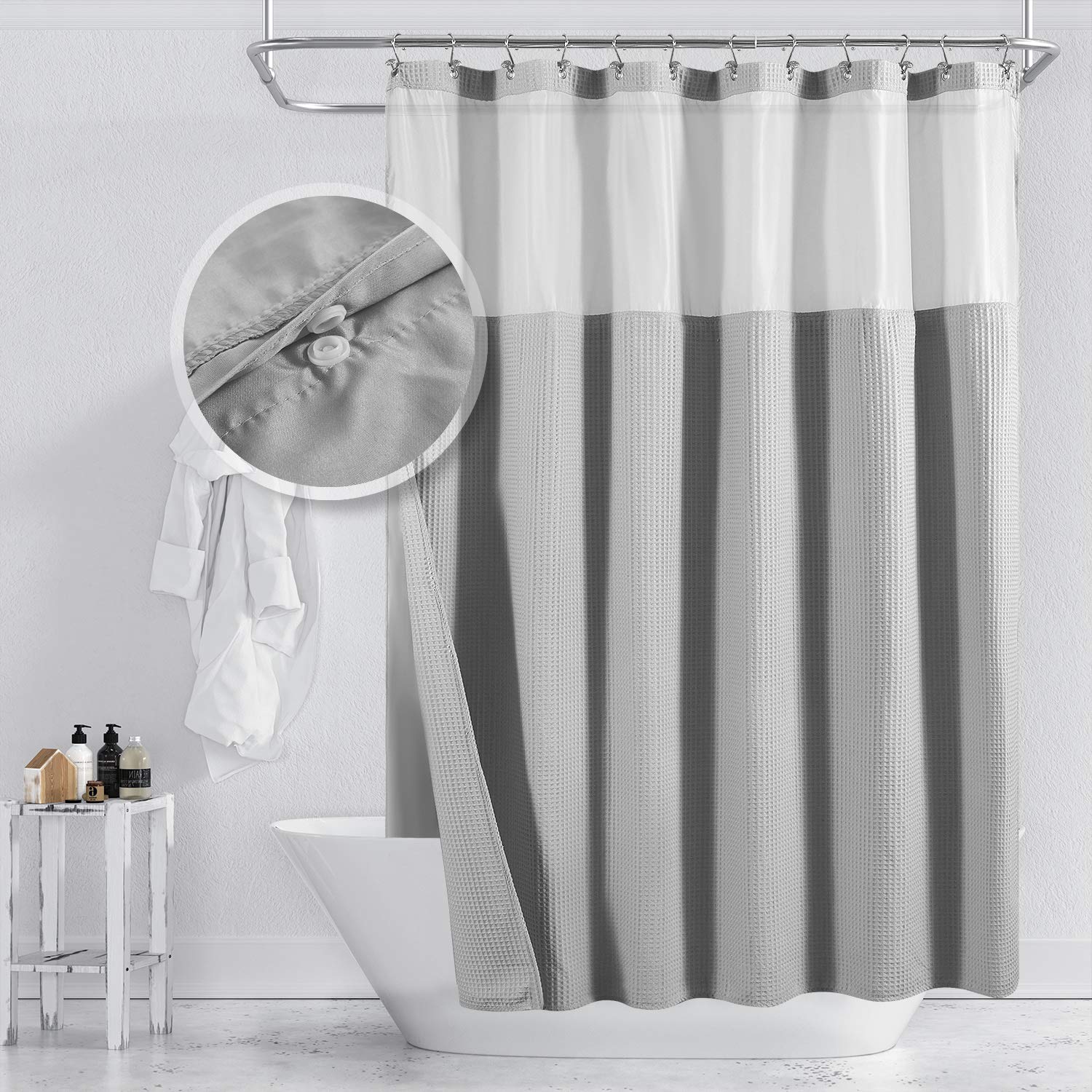 Barossa Design Cotton Hotel Style Shower Curtain with Fabric Lining 75" Extra Long Mesh Window Top Honeycomb Waffle Weave Cotton Blend Washable Lake Wanaka Grey 180x190.5 — image 1