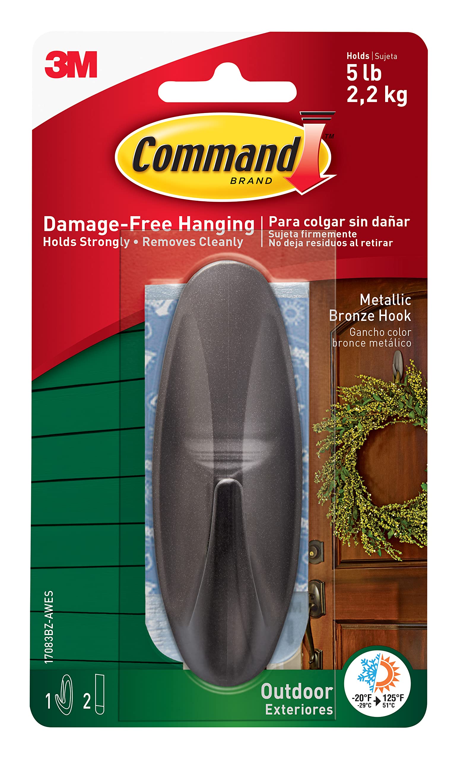 Command Large Designer Metallic Bronze Hook with Adhesive Strips - for Hanging Outdoor Wreaths, Signs and Other Heavy Items Securely and Damage Free