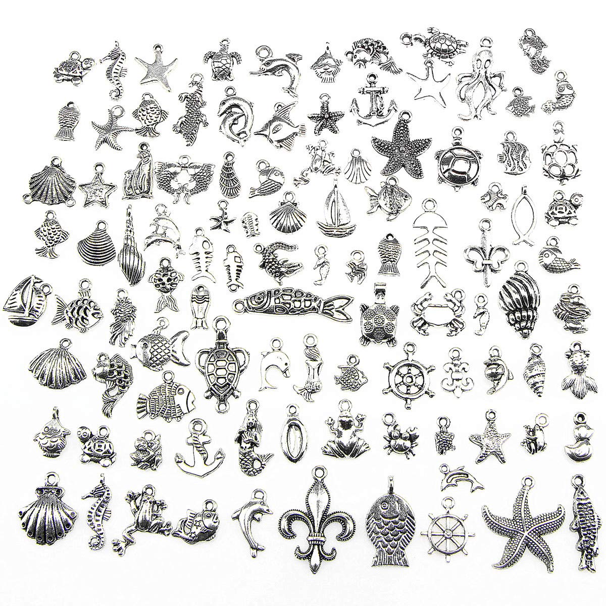 100 Pieces Sea Animals Theme Mix Antique Silver Charm Tibetan Silver Plated Silver Pendant Collection DIY Jewelry Supply for Necklace Bracelet Dangle Jewelry Making and Crafting
