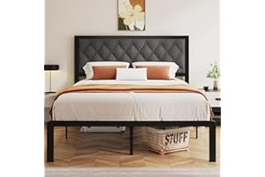 Foredawn Queen Bed Frame with Linen Upholstered Headboard, Metal Support, No Box Spring Needed, Noise Free, Under Bed Storage, Easy Assembly, Grey