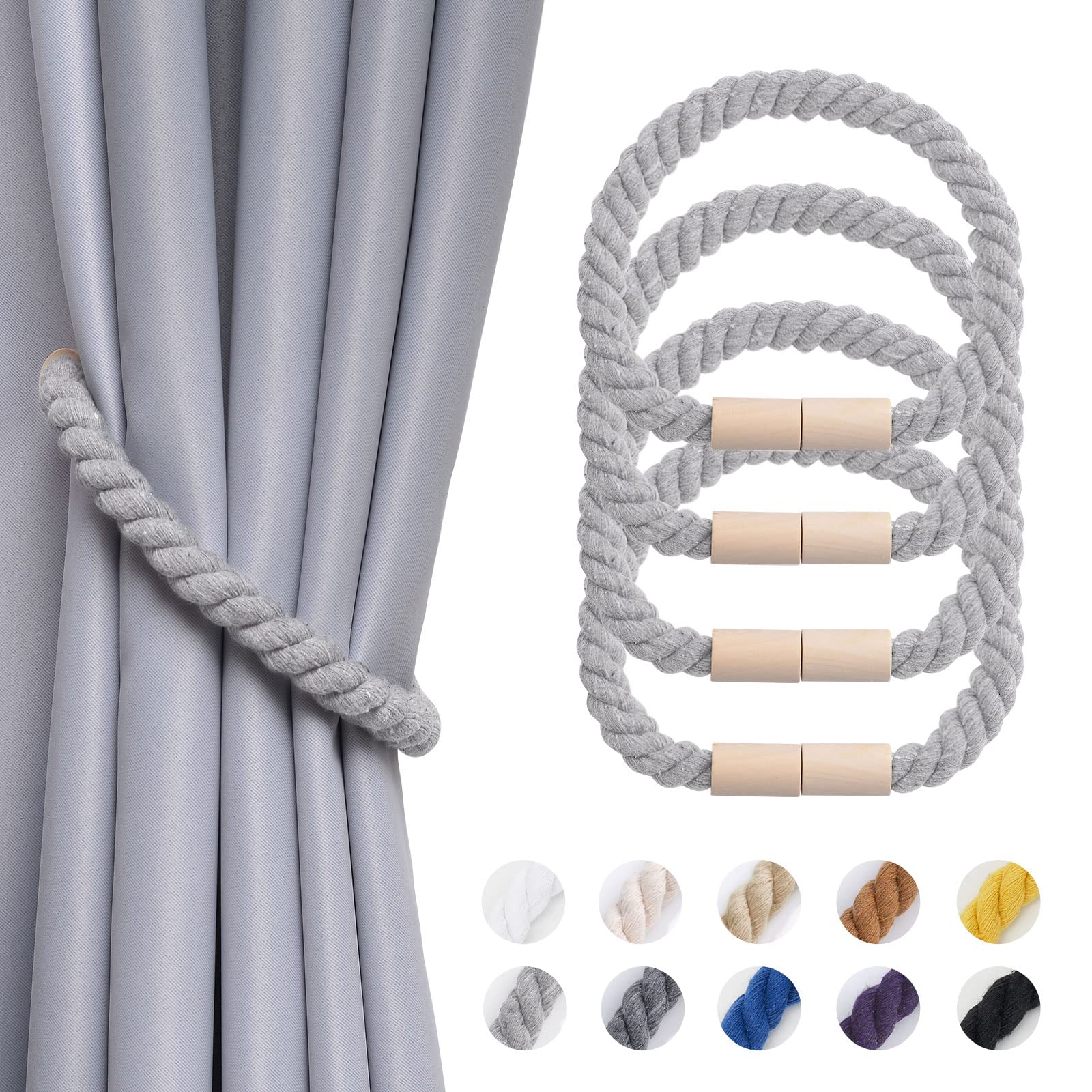 Pretty Jolly 4 Pack Wooden Magnetic Curtain Tiebacks Boho Home Decoration Drape Tie Backs Natural Cotton Handmade Rope Curtain Holdbacks for Thin or Thick Home & Office Window Drapery (Light Grey)