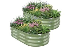 BIRDSINYARD Galvanized Raised Garden Bed - 4×2×1ft (2 Packs) Planter Raised Beds for Gardening | Oval Metal Garden Planter Box with Safety Edging and Gloves for Vegetables Fruits and Flower OliveGreen