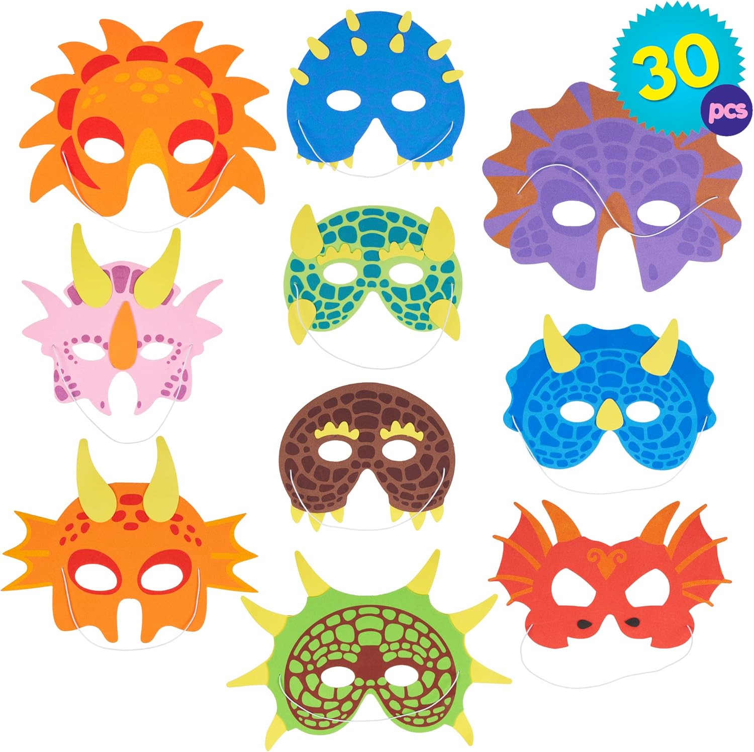 THE TWIDDLERS 30 Pack Foam Dinosaur Masks with Elasticated Straps Dinosaur Masks for Kids