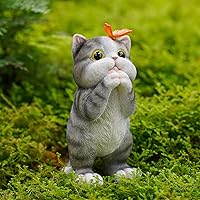 Pohabery Garden Outdoor Decor Cat Statue with Solar Butterfly Light Cat Garden Decor Solar Cat Yard Decor for Patio, Balcony,