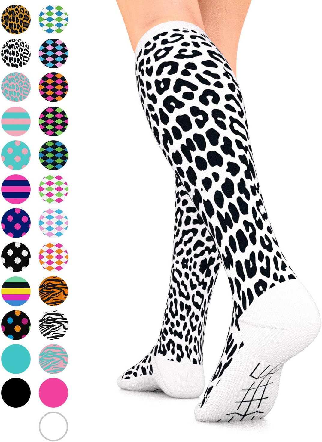 GO2 Compression Socks for Women Men Nurses Runners 15-20 mmHG (medium) - Medical Stocking Maternity Travel - Best Performance Recovery Circulation Stamina (Black White Leopard, Small)