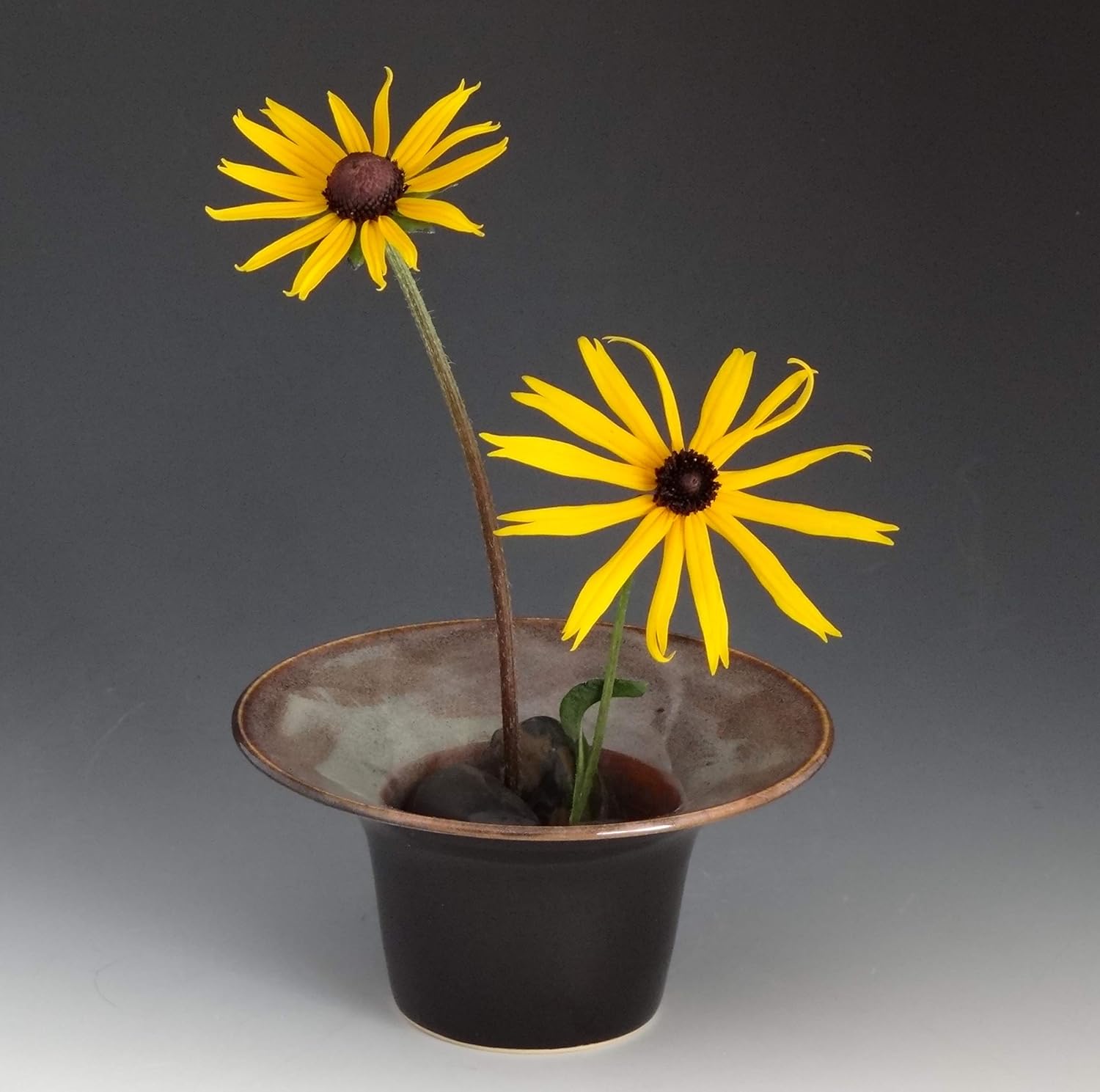 Ikebana Style Vase in MultiHued Blue & Tan, Low Profile Flower Arranger, Ikebana