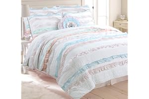 Cozy Line Home Fashions Light Pink Blue Coral White Ruffle 100% Cotton Reversible Girl Quilt Bedding Set, Reversible Coverlet Bedspread (Shabby Chic, Queen - 4 Piece)