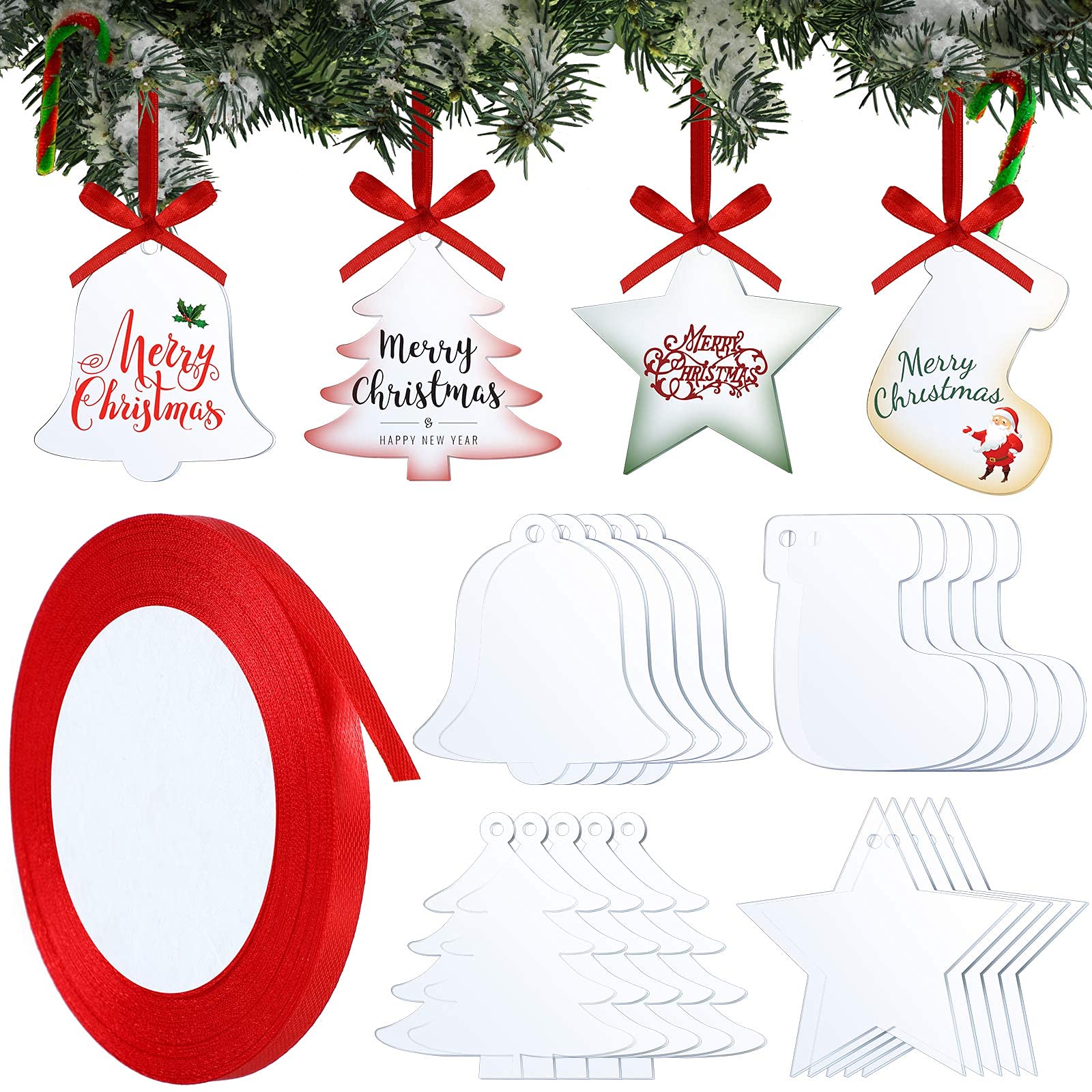 Photo 1 of Jetec 3 Inch Clear Acrylic Christmas Ornaments Star Christmas Stockings Bell Tree Shape Acrylic Ornaments Christmas Acrylic Hanging Decor with Ribbon for Christmas Tree Decoration Supplies(20 Pieces)