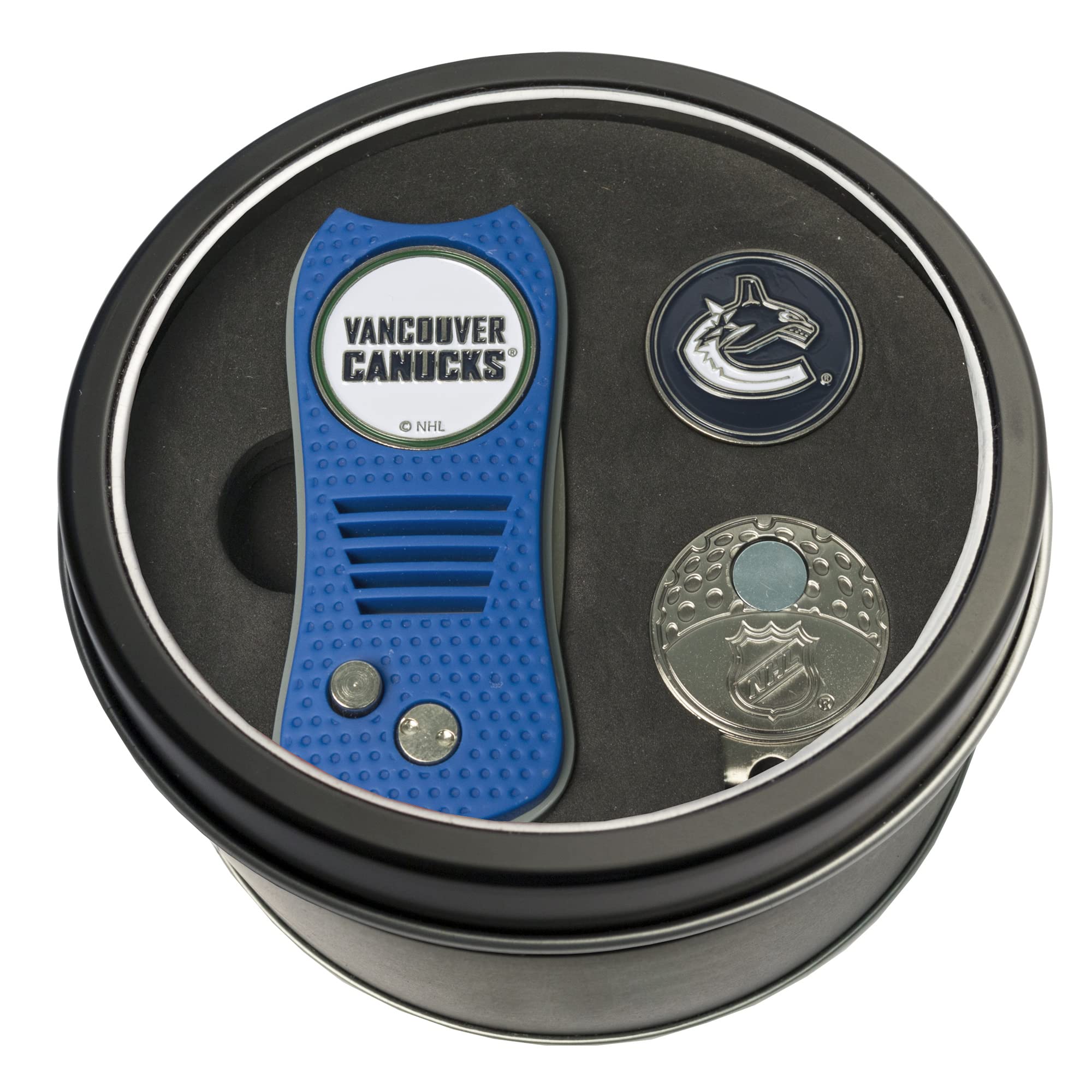 Team Golf NHL Vancouver Canucks Tin Ball Marker Gift Set with Retractable Divot Tool, Cap Clip and 2 Double-Sided Enamel Ball Markers, Patented Design, Less Damage to Greens