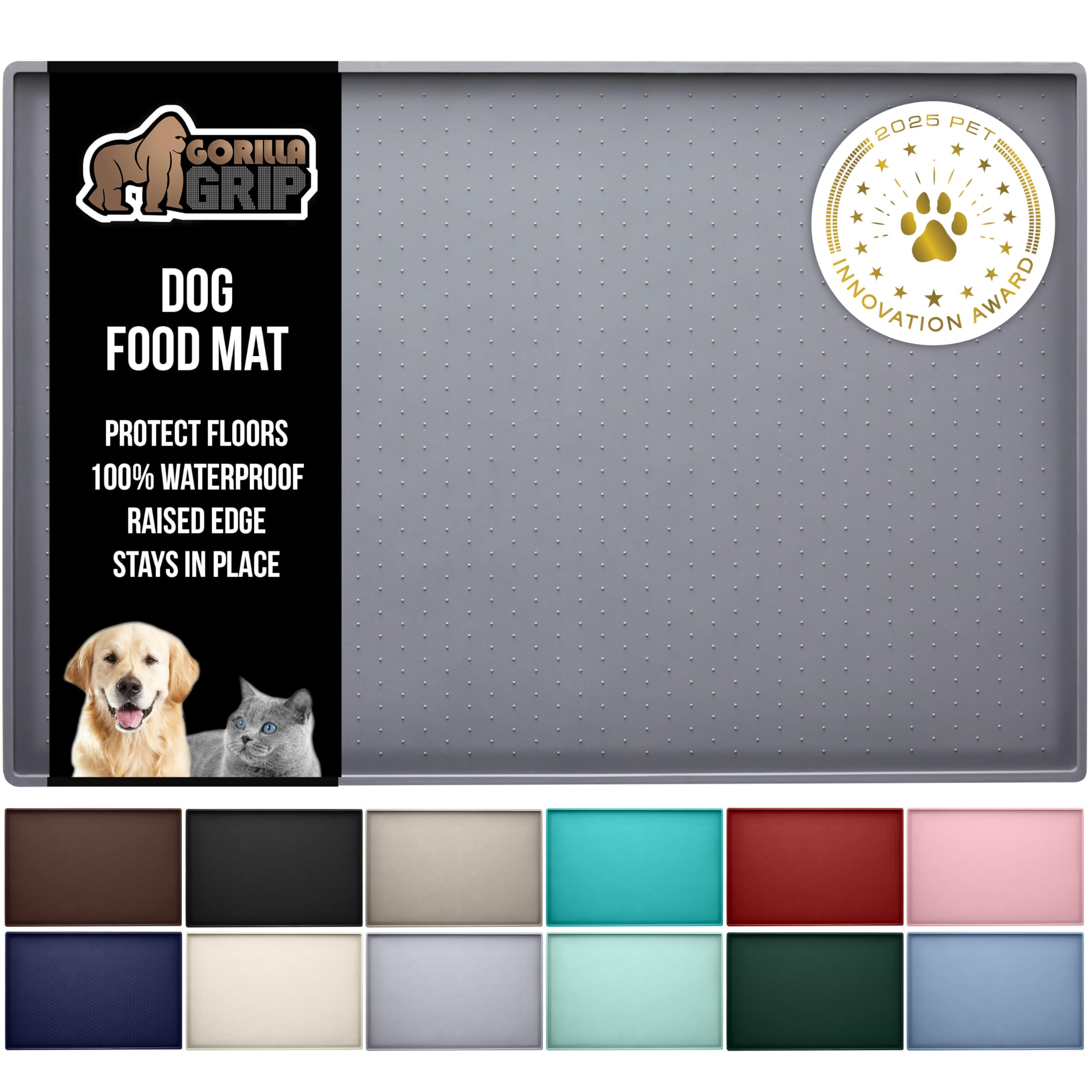 GORILLA GRIP 100% Waterproof Raised Edge BPA Free Silicone Pet Feeding Mat, Dog Cat Food Mats Contain Spills Protects Floors, Placemats for Cats and Dogs Water Bowl, Pets Accessories 18.5x11.5 Gray
