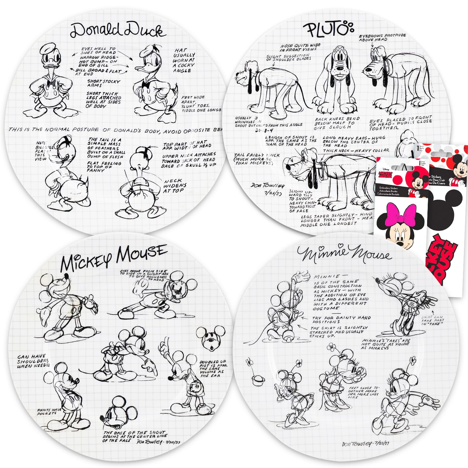 Photo 1 of Disney Sketchbook Dinner Plate 4 Pack - Bundle with 10.5" Microwave and Dishwasher Safe Dinnerware Featuring Mickey, Minnie, Donald, Pluto Plus Stickers | Disney Dinner Plate Set of 4