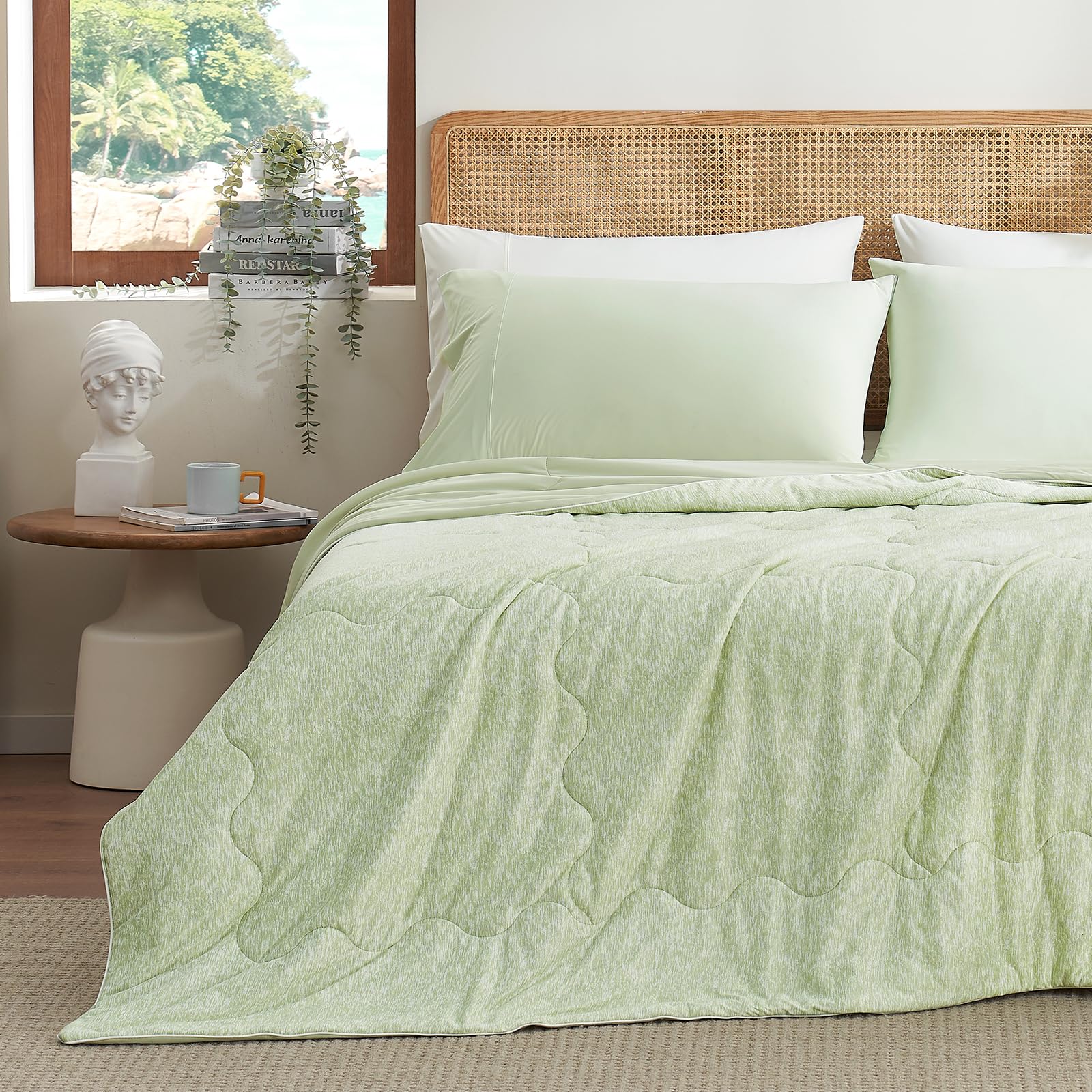 Photo 1 of Snuggle Sac Queen Size Cooling Comforter Sage Green, Q-Max 0.4 Soft Silky Cooling Comforters for Hot Sleepers, All Season Reversible Bedding Comforter 90x90 inches, Sage Green