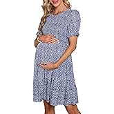 KOJOOIN Maternity Dress Summer Women Smocked Crew Neck Puff Sleeve Pregnancy Baby Shower Photoshoot Dress