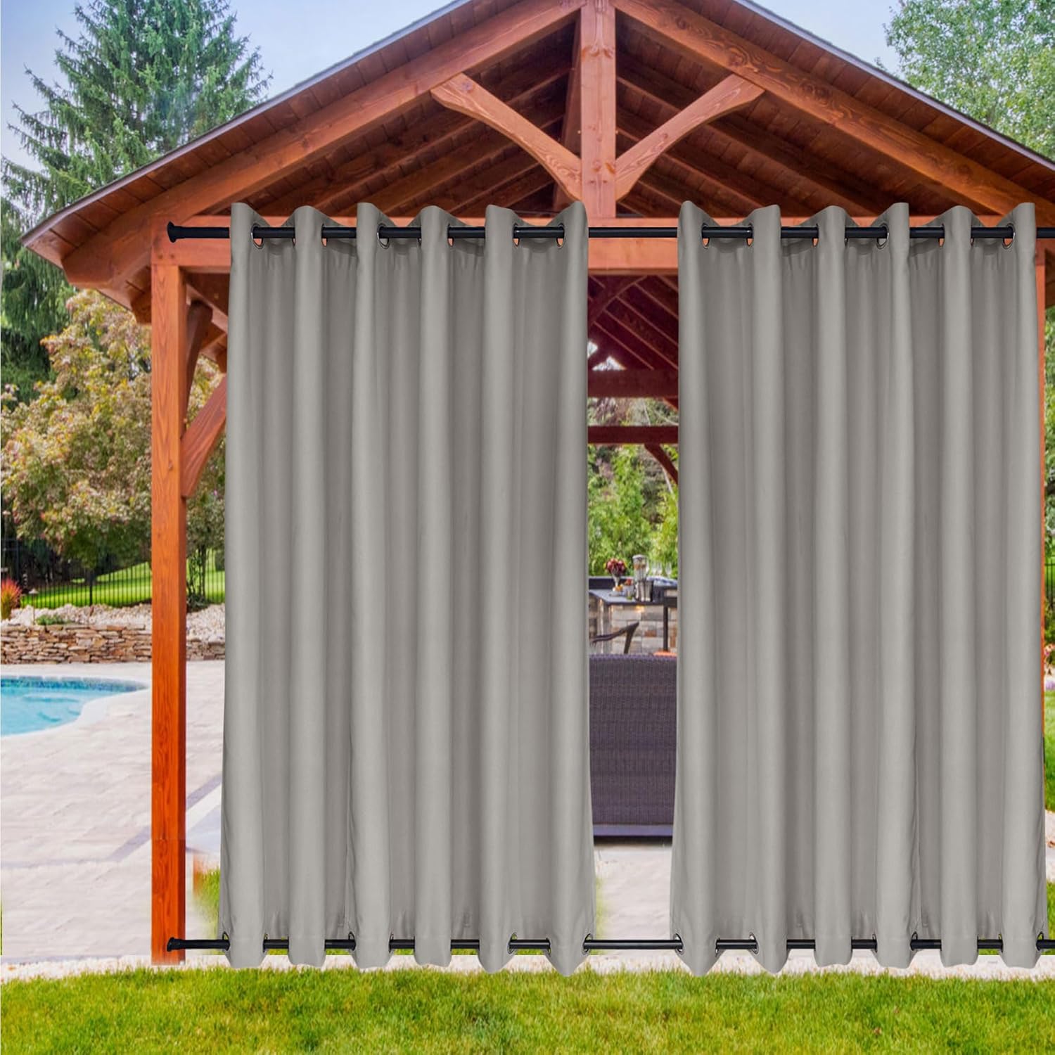 Outdoor Curtains - Tisjoran Grommet at Top and Bottom Greyish Light Gray Outdoor Curtains Dustproof Wind Prevention Privacy Protection Heat Insulated for Patio Garden Backyard Cabana 84Wx96L (1 Panel)