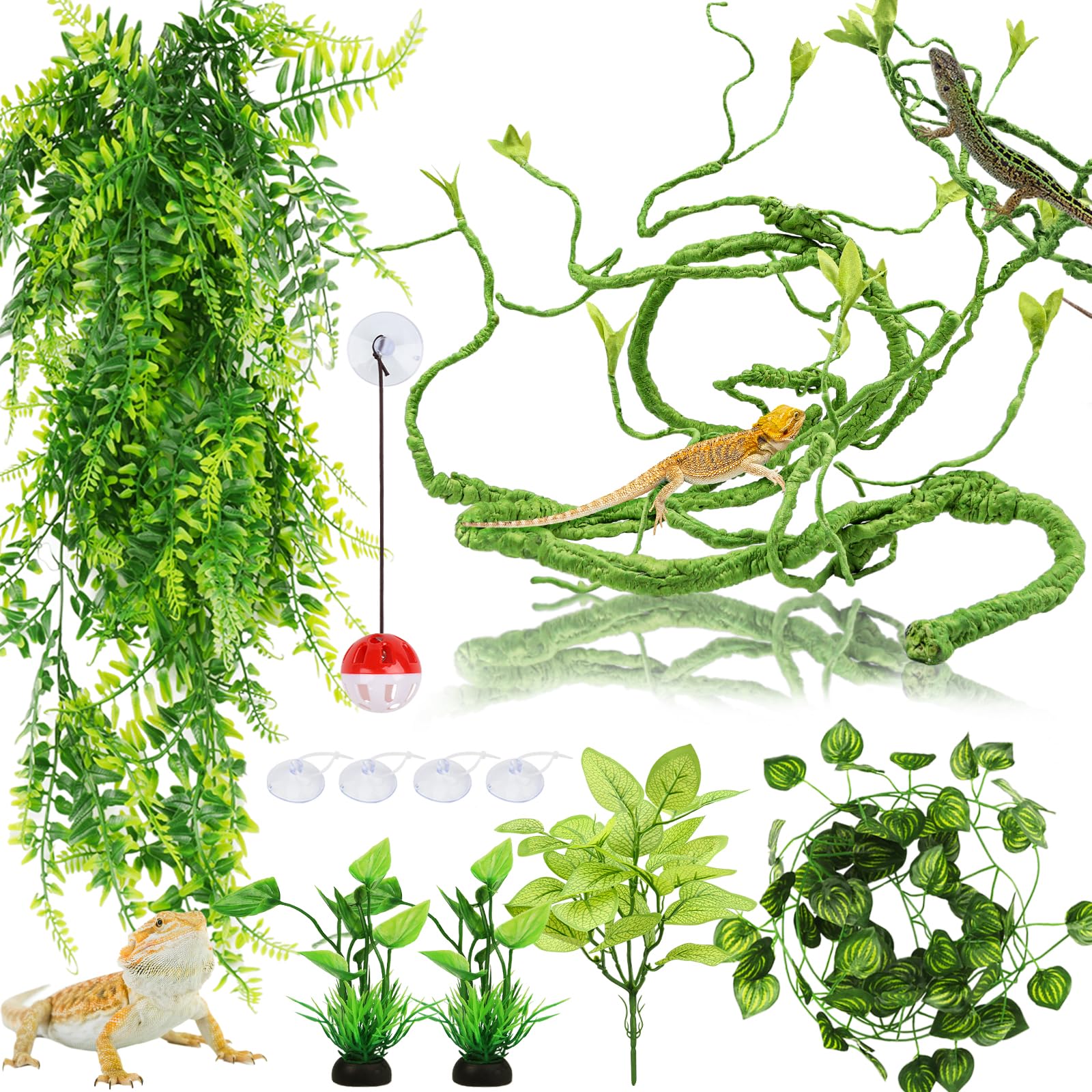 Bearded and Dragon Accessories, QUOZUO Terrarium Hanging Plant Vines and Toys Ball with Bells for Reptile Plants and Lizards