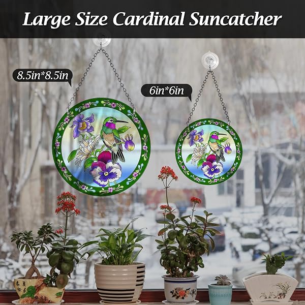 ANFURI HUMMINGBIRD STAINED GLASS SUNCATCHER ROUND, WINDOW HANGING WITH CHAIN & HOOK, GIFT-BOXED FLORAL BIRD WINDOW DECOR, GIFT FOR MOM & GRANDMA (8.6IN)