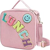 Insulated Lunch Bag With Adjustable Shoulder Strap, Cute Corduroy Preppy Lunch Box Large Insulated Lunch Bag Reusable Lunch Tote Bag with Smiley Preppy LunchBag for Girls School Travel Picnic (Pink)