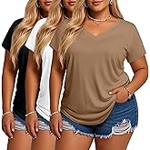 Evervibe 3 Pack Women's Plus Size T-Shirts, V Neck Short Sleeve Shirts Loose Fit Curved Hem Tees Casual Swing Tops