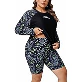 Halcurt Women's Built in Bra Long Sleeve Rash Guard Plus Size 2 Piece Swimsuit Shirt and Shorts