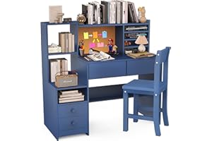RUPOLX Blue Kids Desk and Chair Set for 5-12 Year Old, Childrens Computer Desk with Storage Shelf, Kids Study Table with 4 Drawers