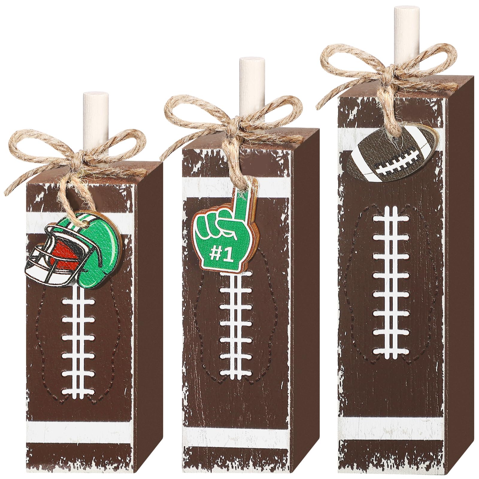 Photo 1 of Redbaker 3 Pcs Football Decorations for Home Wooden Football Tabletop Block Sign and Centerpieces for Room Table Shelf Desk Tiered Tray Decor(Vintage Style)