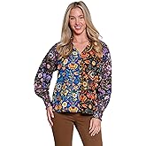 TRU LUXE Ruffle Neck Button Front with Smocked Sleeves, Multi, L