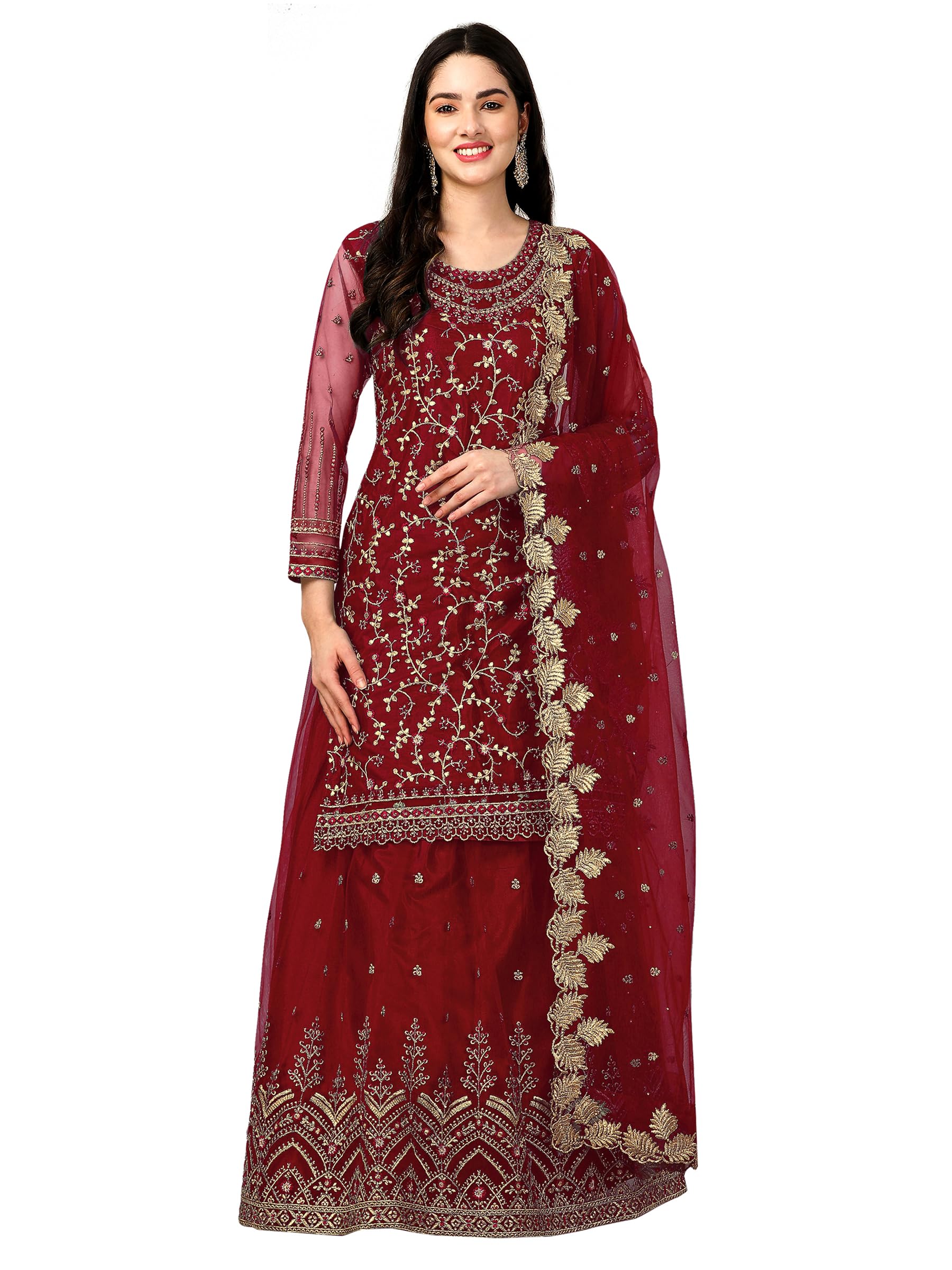 Photo 1 of ****RUNS BIG**** TRENDMALLS Women's Net Embroidery Salwar Suit Set Kurta Lehenga with Dupatta (Maroon-L)