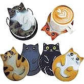 6-Pack Cat Coasters with Holder, Absorbent Felt Coasters with 6 Unique Cat Designs, Non-Slip Scratch Protection for Table, Washable Rustic Coaster Set for Coffee Mug, Housewarming Gift (6PC)