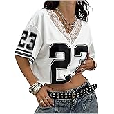 SOLY HUX Women's Y2k Jersey Shirt Lace Mesh Number Graphic Tees V Neck Half Sleeve Summer Crop Tops Streetwear