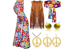 Haull 7 Pcs 60s 70s Disco Hippie Outfits for Women Halloween Costume Set Boho Flared Pants Fringe Vest Peace Sign