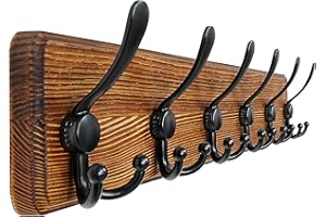 Dseap Coat Rack Wall Mounted - 24" Long 6 Tri Hooks, Heavy Duty Wooden Wall Coat Hanger Coat Hook for Clothes Hat Jacket Clothing, Natural and Black
