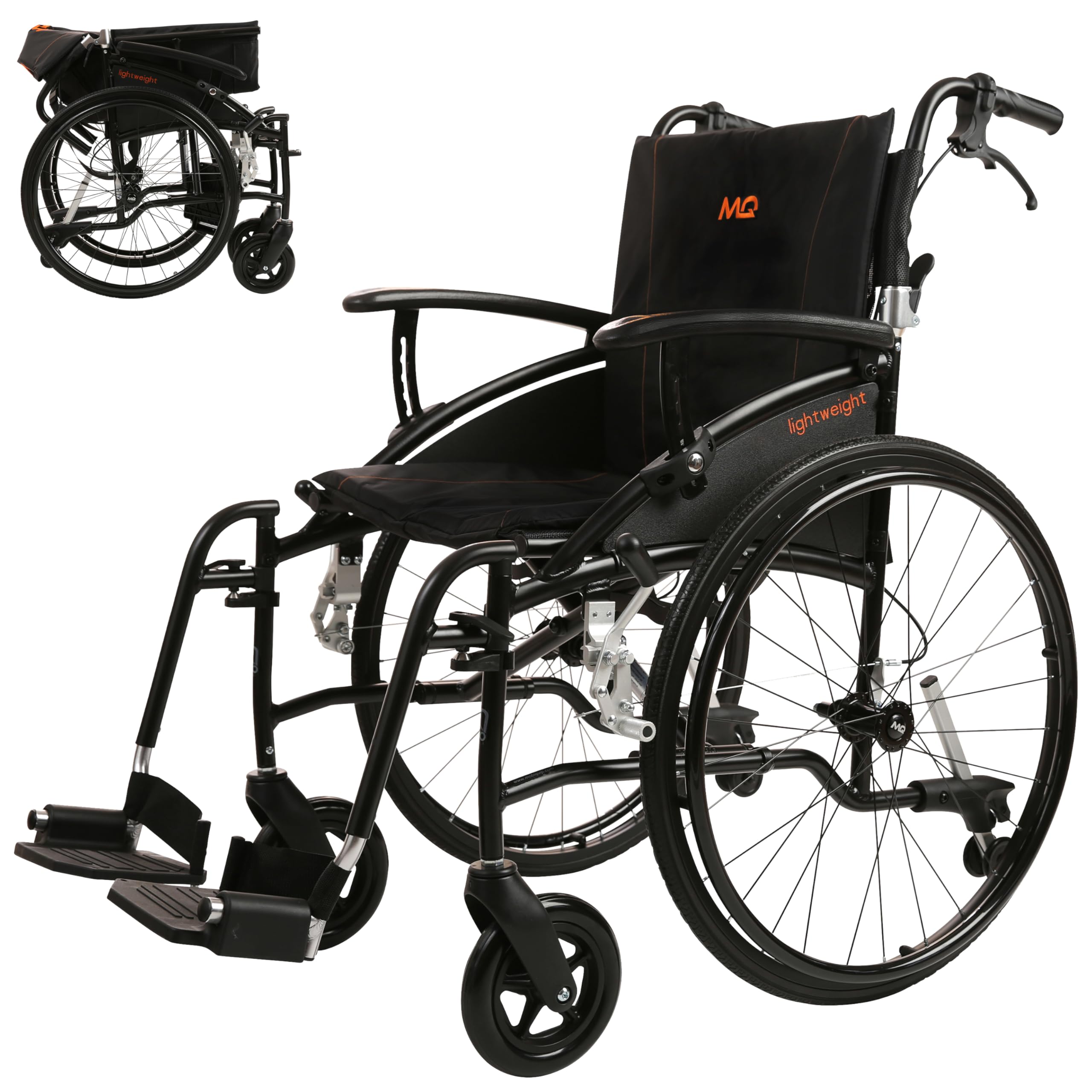 MobiQuip Lightweight, 12kg Self-Propelled Folding Wheelchair - Standard 18" Black Seat, Black Frame - Quick-Release 24” Sports Wheels - Adjustable Armrests, Folding Frame, Attendant Brakes