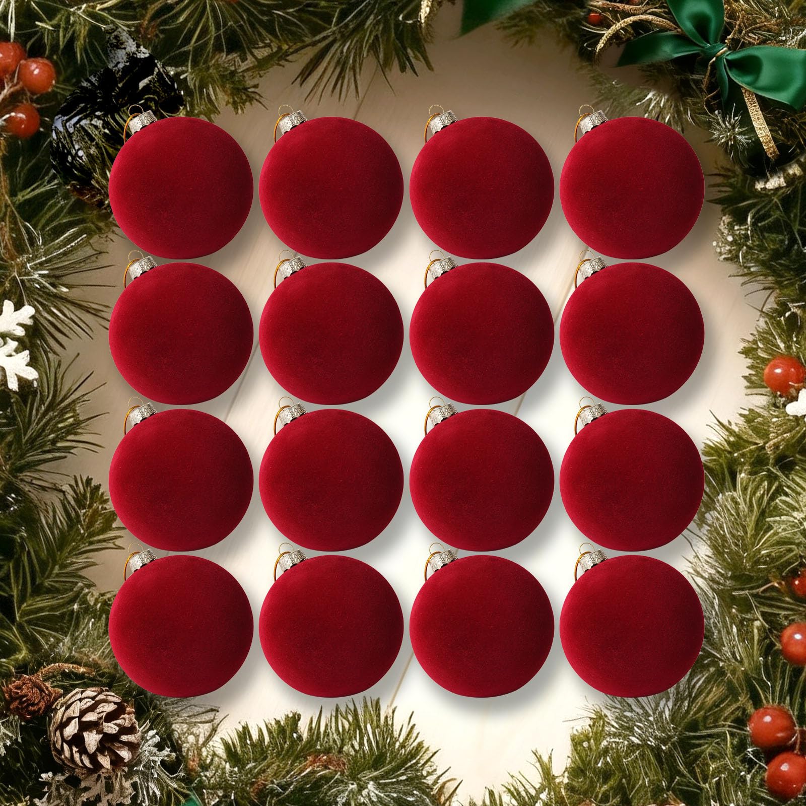 View 1 of 16 Pcs Velvet Ornaments for Christmas Tree - 3.15in Flocked Christmas Balls Ornaments - Hanging Decorations for Wreath, Mantel, Stair Railings, Windows