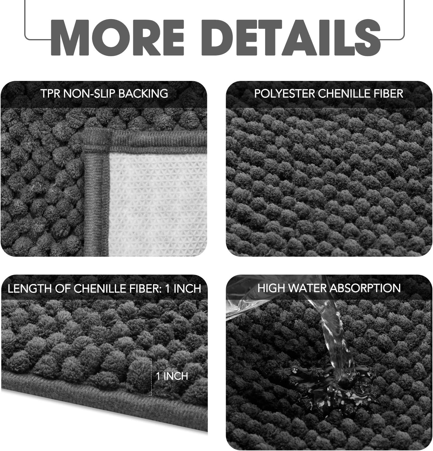 Pretigo Kitchen Rug Sets - Rugs for Kitchen Floor Washable, Non-Slip Soft Kitchen Mat Set, Chenille Microfiber Material, Super Absorbent 17”×48” + 17”×24” (Grey): Kitchen & Dining