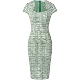 GRACE KARIN Women's Gorgeous Pencil Dress Cap Sleeve Tweed Pencil Dress for Work Green