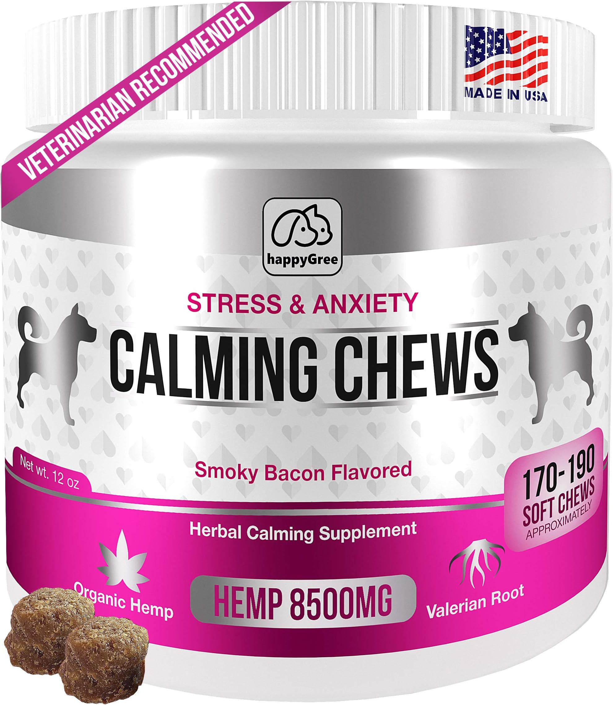 BEST CALMING TREATS FOR DOGS: Product of USA- helps with Hyperactive & Aggressive behavior + Anxiety Composure Relief, Storms, Barking, Separation and More- 170/190 Soft Chews