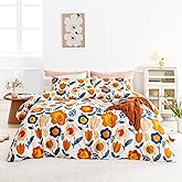 SUSYBAO Cute Botanical Duvet Cover King 100% Cotton 3 Pcs Set 1 Colorful Flower Duvet Cover with Zipper Ties 2 Pillowcases Cartoon Watercolor Blue Orange Floral Bedding Set Soft