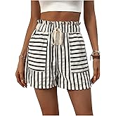 Verdusa Women's Cruise Outfits 2026 Striped Shorts Linen Clothes Summer Drawstring Waist Striped Straight Leg Shorts