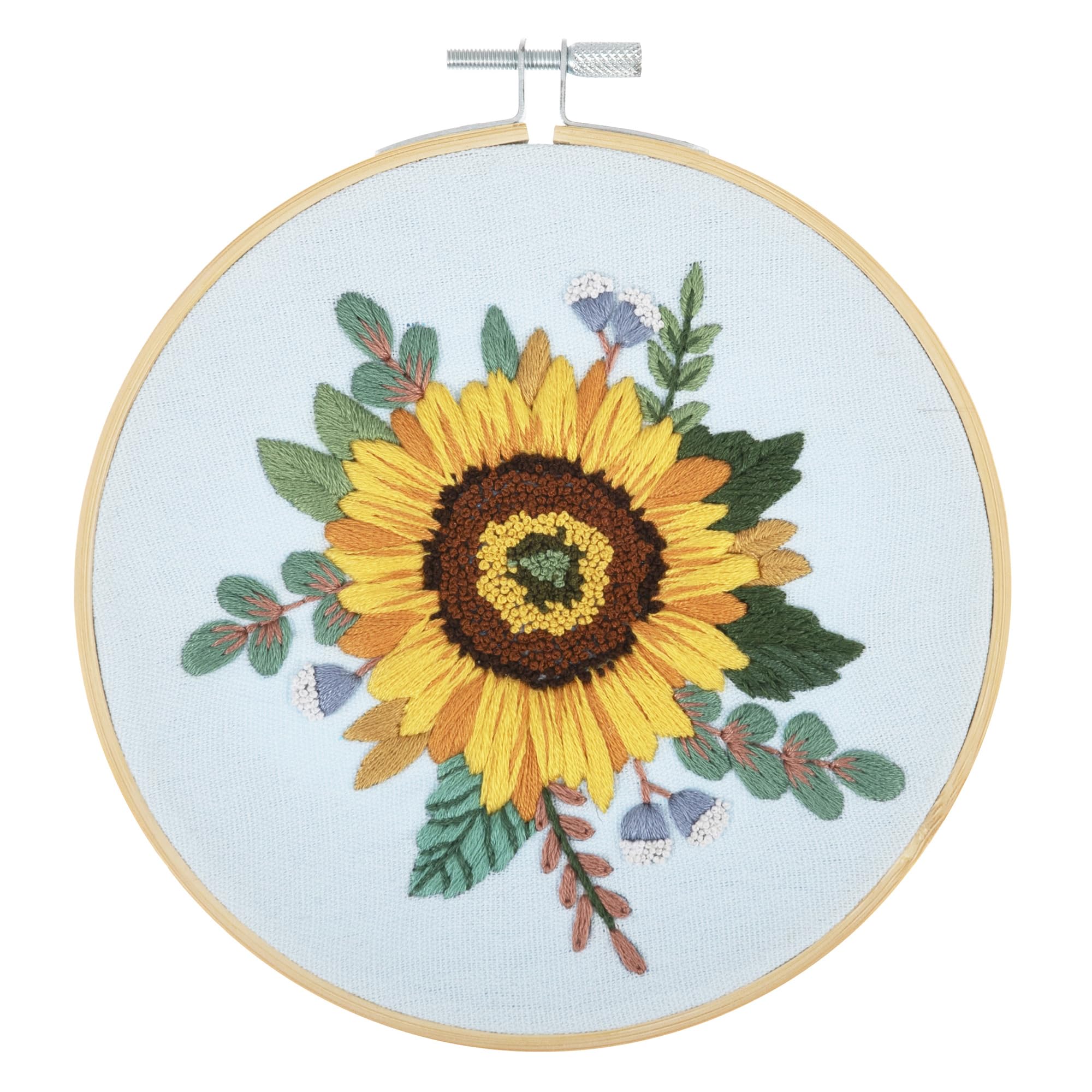 Trimits Embroidery Hoop Kits - 15cm 6” Beginner Starter Set, Includes Bamboo Hoop Threads Cloth Needle Backing & Instructions, Sunflower